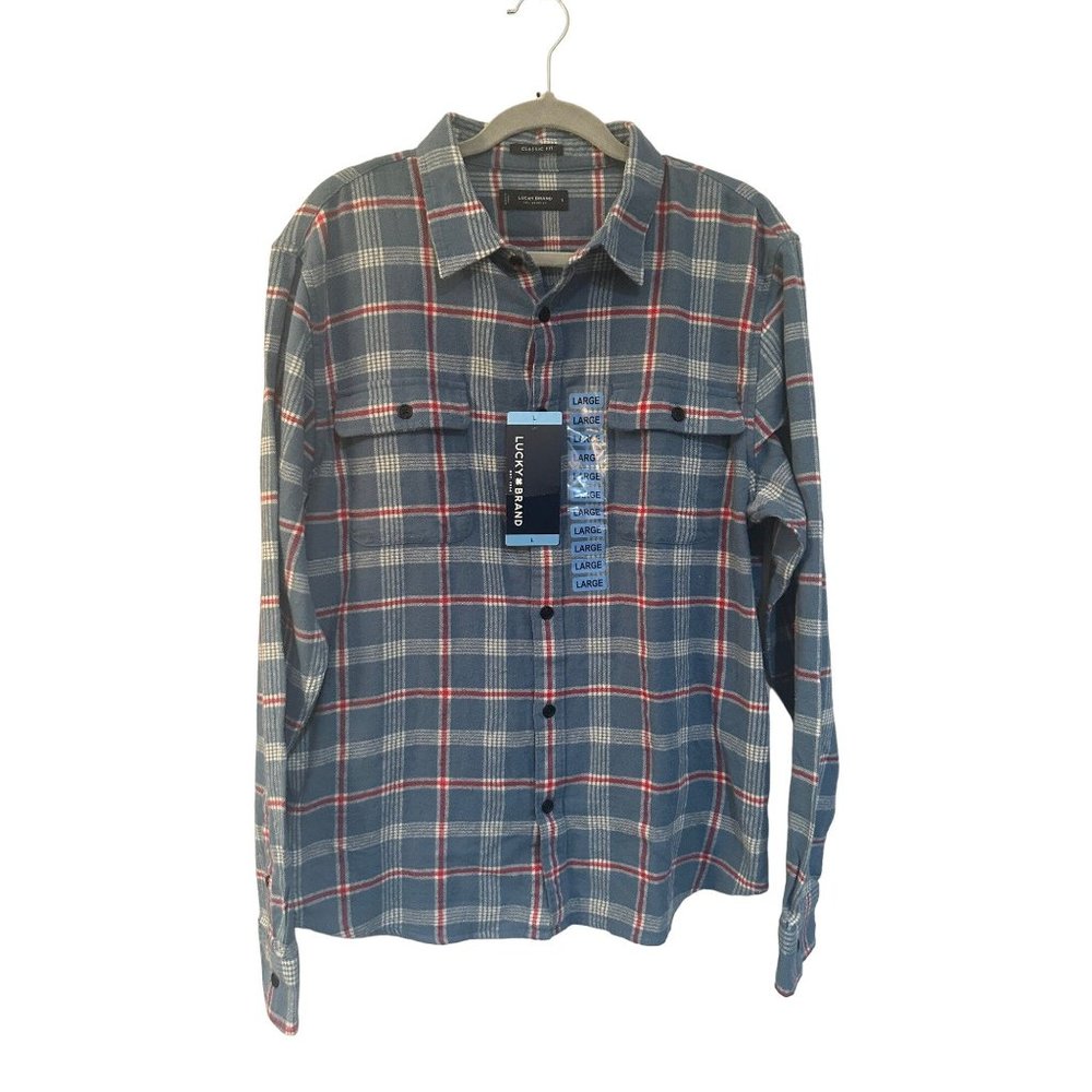 Lucky Brand Men's Blue Plaid Button-Down Shirt with Red Accents